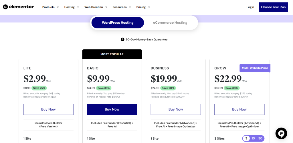 Elementor WordPress Hosting Plans